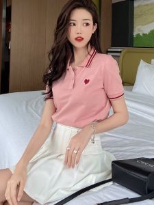 Áo Thun Polo Tay Ngắn Mùa Xuân Hè 2025 Dành Cho Nữ Cổ Polo Ngắn Thể Thao Phong Cách Đại Học Màu Hồng Thường Ngày Cotton 95%
