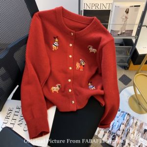 Christmas New Year Thickened Embroidered Sweater Womens Autumn Winter Lazy High-End Feeling Flower Button Knitted Cardigan
