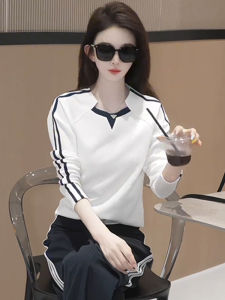 White Classic Double Bar Long Sleeve Womens T-shirt Vintage American Style Slim Fit Inner Wear Base Shirt round Neck Spring 2025