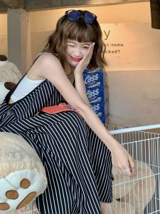 Oversize Holiday Travel Loose Casual Lazy Style Striped Bib Overalls Women Spring Summer Wide Leg Pants One Piece Suit