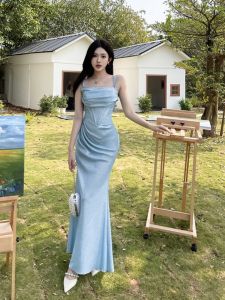 Blue Evening Dress Womens Sparkling High-End Long Dress Years Dinner Birthday Gift Dress Instunning Polyester Fiber 100%