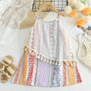 Bear Leader Summer New Baby Girls Print Clothes Bohemian Style Hollow Lace Tassel Sling Princess Dress Holidays 3 4 5 6 7 Years Kids Wear Flower Stripes Outfits
