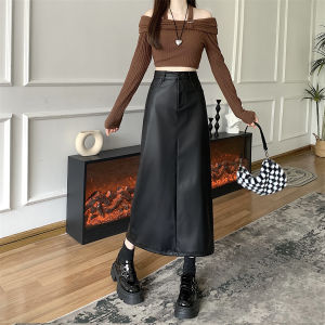 Caramel PU Leather Asymmetrical High Waist A-Line Long Skirt for Women Autumn Fashion Straight Cut Midi Skirts plus Size