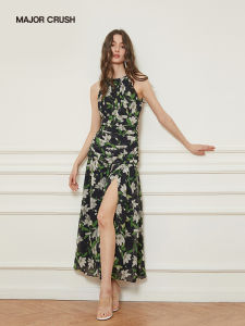 French Style Camellia Print Slimming Split Maxi Dress