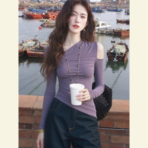 SHANGSHA | Designer Unique Trendy Purple Off-Shoulder T-Shirt