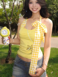 chaqi | Summer Short Sleeve Crop Top Womens Slim Fit Inner Wear Outerwear Coconut Tree Rhinestone Strap Vest Sweet Style Animal Print