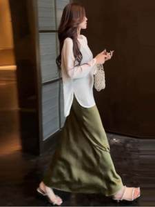 Summer Thin Acetate Half-length Skirt Set with Sun Protection Net Shirt Long Sleeve round Neck Two-piece Fashionable Ladies Outfit