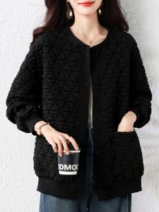 Black Large Size Diamond Grid Open Cardigan Short Jacket Womens Casual Baseball Style Loose Fit Top for Autumn 2025