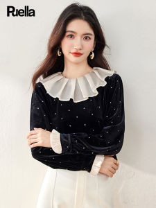 Puella | French Retro Style Heavy Embroidery Pearl Lace Collar Velvet Blouse