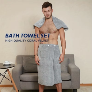 2 Pcs Mens Quick-Dry Coral Fleece Bathrobe Set - Adjustable Waistband with Pockets Premium SPA Bath Essentials