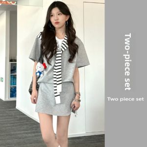 YUEZHONGWEI | Gray Short Sleeve Sporty Mini Skirt Set Two-Piece Summer Outfit Anti-Aging Womens Clothing Casual Sport Half-length Skirt