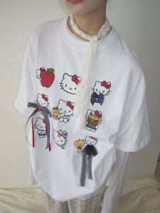 Cute Cat Print Summer T-Shirt Womens Loose Fit Butterfly Knot Patchwork Short Sleeve round Neck Cotton Top Age Reduction