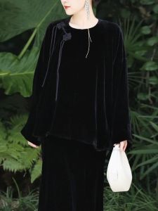 Elegant Handmade Silk Velvet Jacket Side Button Loose New Chinese Style Top Womens Fashion Autumn Outerwear round Neck Long Sleeve