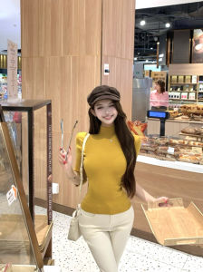 Basic Yellow High Collar Knitted Sweater Womens Slim Fit Autumn Winter Seven Sleeve Tight Waist Base Top Korean Style Commute