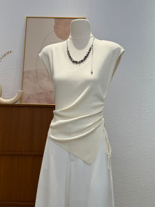 Slim Fit Knitted Vest Women Summer 2025 New Style Drawstring Short Sleeveless V-neck Top Korean Style Commute Pure Color