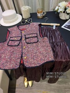 Stylish Red Short Quilted Vest Womens Fashion Autumn Season Original Design Button Detail Fringed Cozy Warm Wool Blend Material