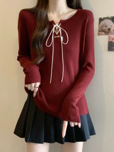 เสื้อสเวตเตอร์ถักสีแดง เสื้อแขนยาว ทรงหลวม สำหรับผู้หญิง ฤดูใบไม้ร่วง ใหม่ ไซส์ใหญ่ เสื้อชั้นใน เสื้อชั้นใน เสื้อผ้าทำงานสไตล์เกาหลี