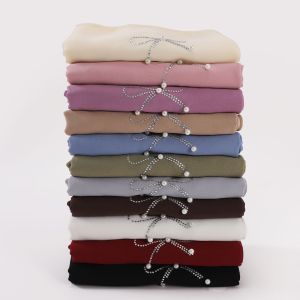 Jifang dập nóng knotbow hạt ngọc trai đồng bằng Chiffon cát Khăn choàng Pashmina khăn choàng đầu kết thúc tốt đẹp Khăn trùm đầu hijab hồi giáo khăn choàng wc61