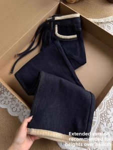 WANGGONGZHU | High Waist Thickened Fleece Straight Leg Jeans Womens Autumn Winter Fashion Retro Wide Leg Pants Design Sense Princess