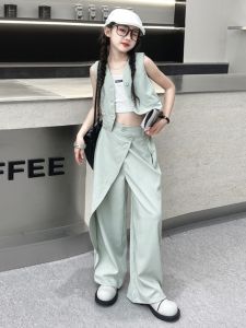 ชุดสองชิ้นแฟชั่นสำหรับเด็กผู้หญิง ชุดสูทกางเกงขายาว ดีไซน์ฤดูร้อน 2024 ดีไซน์เก๋ไก๋ ผ้าฝ้าย ยาวปานกลาง