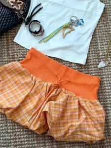 Váy Ngắn Kẻ Caro Màu Cam Cạp Cao Cho Nữ Mùa Thu Phong Cách Mới Váy Ngắn Nửa Thân Dáng Chữ a Chống Ánh Sáng