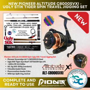Pioneer Altitude Sovereign 6000 7000 8000 - 6ft Ugly Stik Tiger Apo Reef 3pc Spin Travel Jigging Set