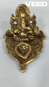Lord Ganesha on Leaf with Diya Metal Idol | Ganesh Statue for Pooja Home Temple Diwali Decor & Return Gifts (Size - 12x10x7 cm | Pack of 1 Pc)