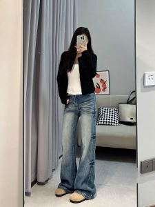 American Style Washed Micro Flared Jeans Womens Spring Summer New High Waist Loose Slimming Floor-Length Wide Leg Pants