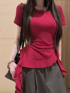 Red Short Sleeve Slim Fit Womens T-shirt with Waist-Cinching Design And Asymmetrical Belt Korean Style Commute Fashion
