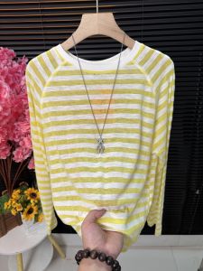 เสื้อยืดแขนยาวลายทางสำหรับผู้หญิงในช่วงฤดูร้อน ทรงหลวม บาง ทรงเข้ารูป ดีไซน์สีบล็อก แฟชั่นสำหรับผู้หญิง