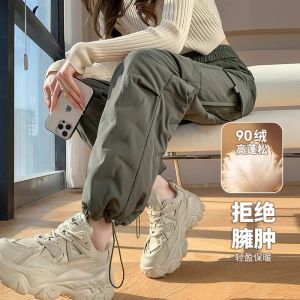 Womens Thickened down Work Pants Extreme Cold Resistant Outerwear Winter New Style High Waist Cotton Pants Straight Leg