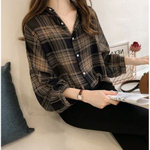 M-4XL mỏng manh Áo Blouse kẻ ca rô phụ nữ phong cách Hàn Quốc lỏng lẻo tay áo dài trong suốt áo Áo sơ mi mỏng giản dị
