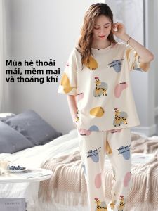 MiiOW | Áo ngủ cotton nguyên chất mùa hè cho nữ Áo chui đầu cổ tròn in họa tiết hoạt hình Quần dài rộng rãi thoải mái thoáng khí