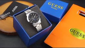 Box Exclusive Jam Tangan Guess Bulat Lancip VA-973HA / Jam Tangan Fashion Wanita Tali Rantai Diameter 38 cm