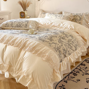 French Vintage Countryside Floral Pure Cotton Bedding Four-Piece Set Lace Hollow out Princess Style Bed Skirt And Duvet Cover