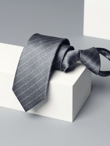 Romguest | Light Gray Matte White Stripes Easy Zipper Narrow Necktie 6cm