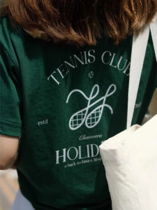 American Sports Casual Style Tennis Club Letter Print Pure Cotton Short Sleeve T-Shirt Mens Loose Fit Summer round Neck