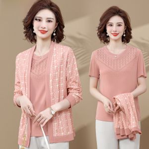 Early Autumn Knitted Cardigan Set Fashionable Middle-Aged Womens Spring Autumn Style Loose Fit Long Sleeve round Neck Shirt