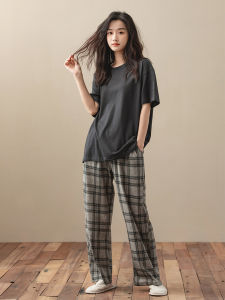me home wear | Padded Cotton Pajama Set Shortsleeve Plaid Longpants