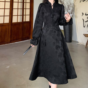Váy Dài Tay Màu Đen Mới Thiết Kế Trung Quốc Cỡ Lớn Váy Dài Che Bụng Thanh Lịch Mùa Thu Váy Dài Chữ a Cỡ Lớn