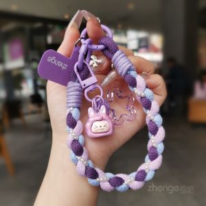 Fashionable Short Woven Phone Strap Womens Travel Anti-Loss Cute Rabbit Bell Pendant Phone Case Accessory Versatile Nylon Material