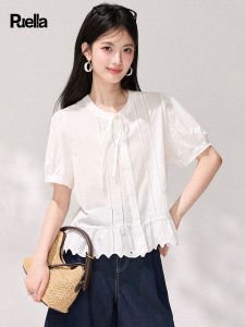 puella | Summer Gentle White Lace-up Shirt with Ruffles Slim Short Sleeve