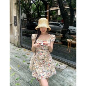 French Style Floral Print A-Line Short Dress Spring