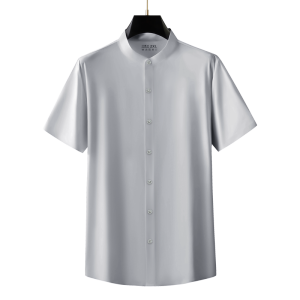 Business Casual Chinese Style Shirt Mens Short Sleeve Ice Silk Thin Non-iron Elastic Summer Fashion Standard Fit Button Decor