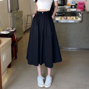 High Waist Midi A-Line Skirt Womens Spring Autumn Casual Versatile Umbrella Skirt Hip Concealing Slimming Elegant Long A-Line Skirt