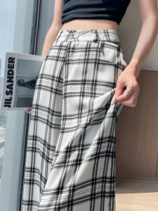 High Waist Wide Leg Plaid Suit Pants Womens Summer Thin Loose Style Casual Trousers Straight Cut Zipper Pocket Floor Length