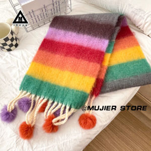Matching Iceland Dopamine Rainbow Stripes Mohair Scarf Autumn and Winter Thick Warm Fox Fur Ball Scarf for Women