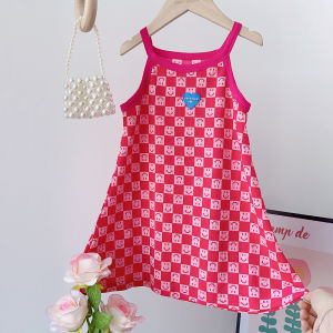 Bear Leader Girls Halter Dress 2024 Summer New Korean Version of The Little Girl Rose Red Beach Dress 2-7 Years Old