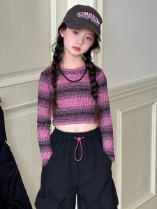 Fashionable Short Sleeve Long Shirt for Girls Spring Autumn Season Knitted Top Childrens Clothing Casual Slim Fit round Neck