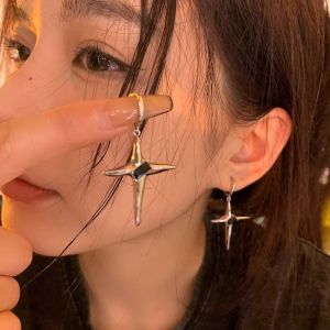 Dark Style Four-Pointed Star Pendant Earring Cool Sweet Minimalist Luxury Design Unique Elegant Trendy Alloy Ear Jewelry
